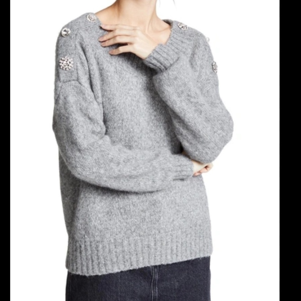 Veronica Beard Chase Jeweled Off the Shoulder Gray Wool Sweater
